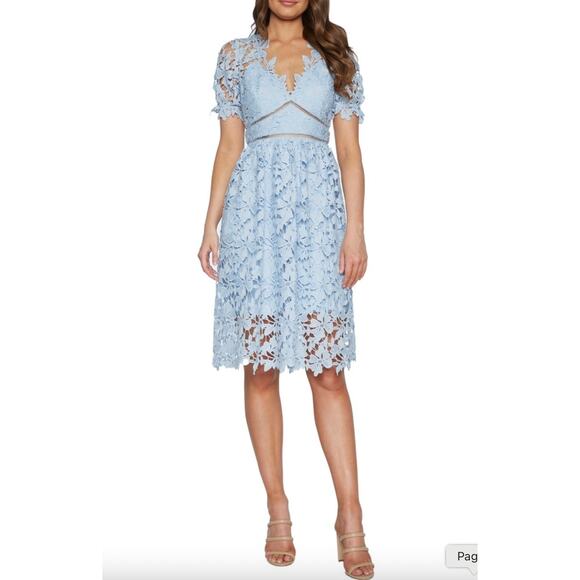 Bardot Ricko Lace Dress Womens US 12 Pastel Blue Midi Cocktail V Neck - Picture 1 of 6